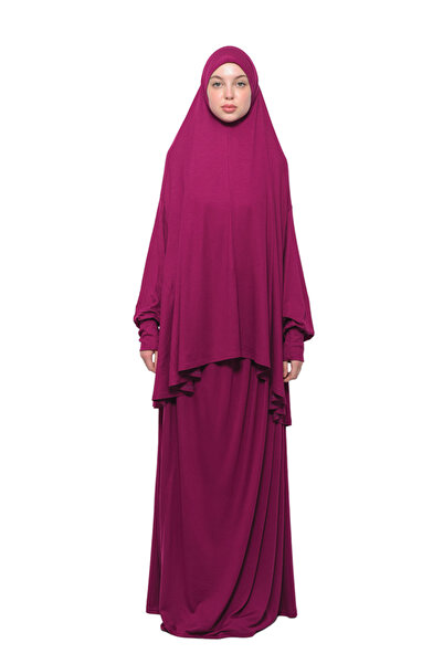 Altobeh Πρακτική φόρεμα προσευχής από βαμβακερό μανίκι δύο τεμαχίων με μαντίλα βιολογικής χιτζάμπ - σκούρο φούξια