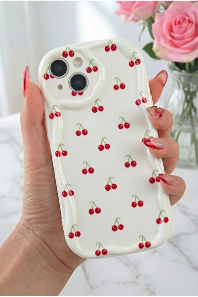 Fibaks Apple Iphone 13 Uyumlu Kılıf Kamera Korumalı Dalga Kenarlı Kiraz Desenli Yumuşak Silikon Kapak