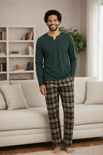 DOFİ طقم بيجامة شتوية للرجال بياقة بأزرار - أخضر، قطعة سفلية منقوشة، أكمام مزودة بأصفاد