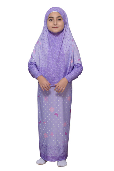 Altobeh Costum de rugăciune pentru copii, practic, două piese, mâneci cu model și batic detașabil, rochie hijab din lycra (6-12