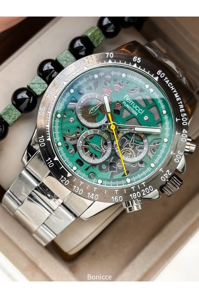 Ferrucci Fonksiyonlu Erkek Kol Saati, Sertifikalı ,Garantili, Yeşil-Füme Çelik Kordon Çift Bileklik Hediyeli