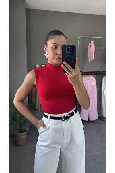 YOUR NAME Bluză lungă roșie pentru femei - jumătate cu gât țesut, fără mâneci