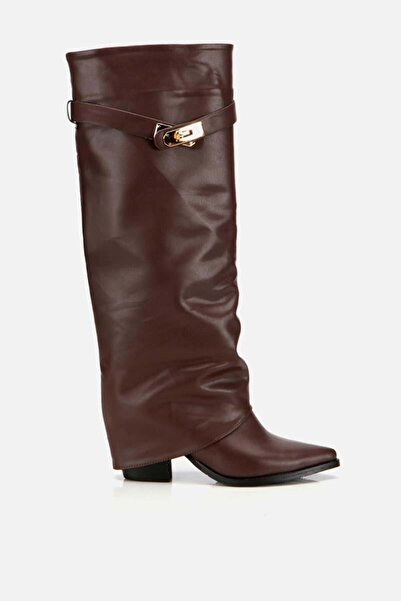 Yaya by Hotiç Kadın Kahverengi Tokalı Diz Altı Kalın Topuklu Çizme