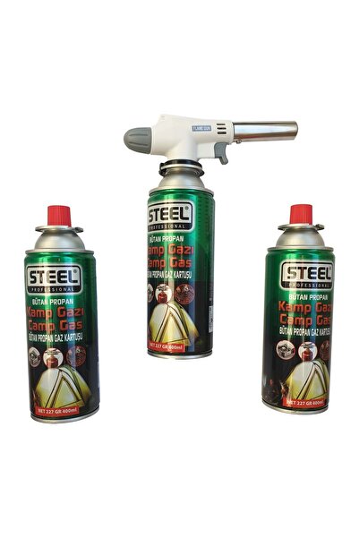 STEEL PROFESYONEL - 3 Adet 400 ml Kamp Gazı - 1 Adet ( Flame Gun ) Pürmüz Çakmak