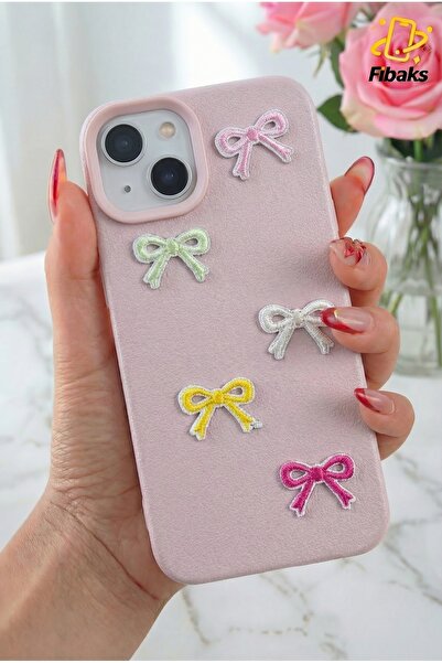 Fibaks Apple iPhone 13/14 Kılıf Kamera Çıkıntılı Deri Dokulu Fiyonk Desenli Pembe Yumuşak Silikon Kapak