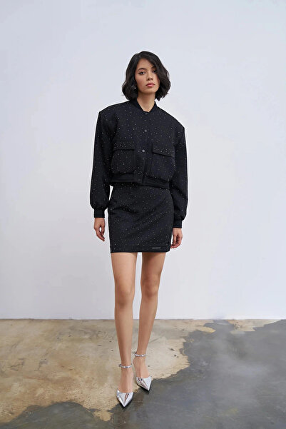 Quzu Black Mini Skirt - Shiny Stone Detail