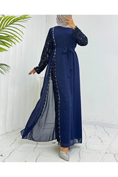 Modamorfo Chiffon Evening Dress with Sequin Belt on Sleeves -Laci