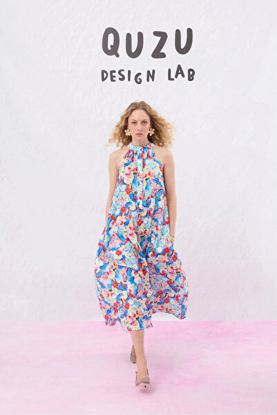 Quzu Довга сукня з коміром-стійкою та квітковим візерунком, синя