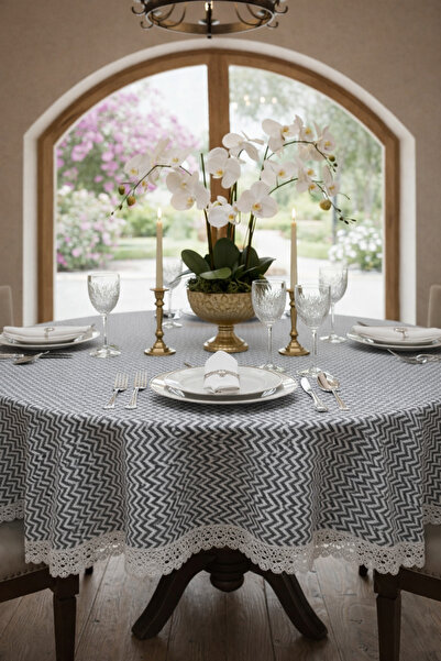 Rona Home Yuvarlak Masa Örtüsü Dantel Detaylı Lüks Sofralık Su Geçirmez Silinebilir Kumaş Çeyizlik Sofra Bezi