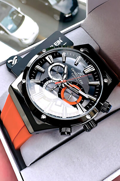 Daniel Klein ساعة يد رجالية 3 ATM مقاومة للماء برتقالية اللون سيليكون + سوار معصم هدية DKE2081C4