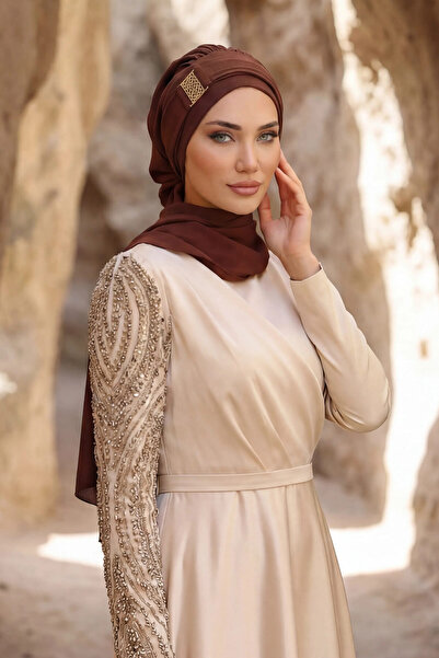 Aisha's Design Έτοιμο τουρμπάν με χρυσά αξεσουάρ που καλύπτει τον λαιμό, καφέ...