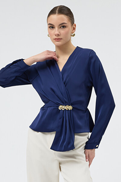 Rays Bluză de damă cu mânecă lungă, albastru marin, cu detaliu cu cataramă cu...