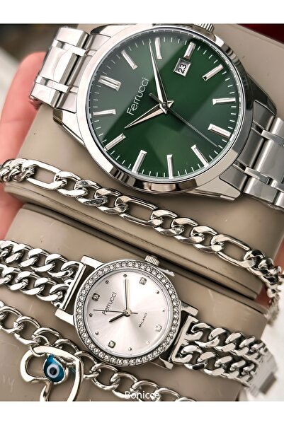 Ferrucci Marka Gümüş Renk Çelik Kordon, Yeşil Kadran Sevgili Çift Kol Saatleri + Tesbih Bileklik
