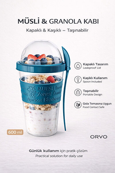 ORVO وعاء جرانولا موسلي و زبادي عملي محمول مع ملعقة 600 مل - أزرق - تيك آند جو 9199
