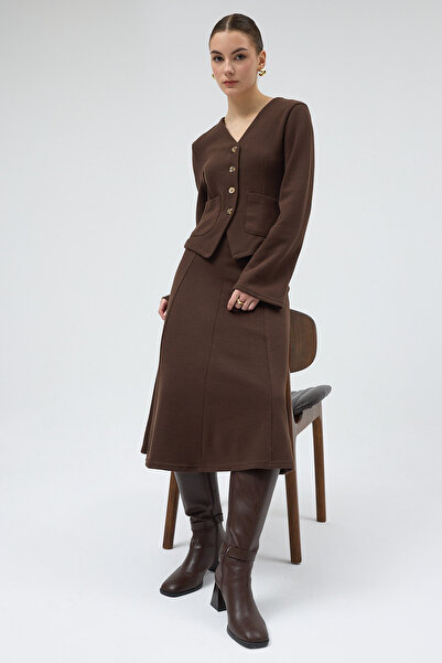 Rays Brown Pocketed Buttoned Cardigan and Long Skirt Set 3109A