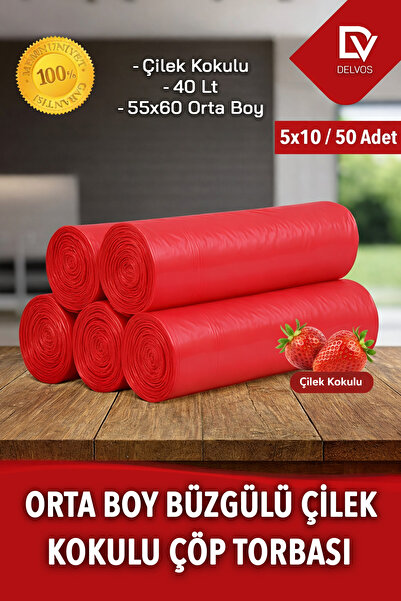 naft Avantaj Paket Büzgülü Orta Boy Çilek Kokulu Çöp Torbası 10'lu 5 Rulo 55x60 Çöp Poşeti 40 Litre