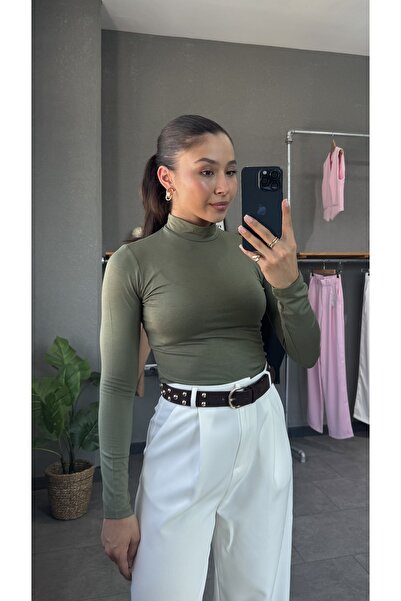 YOUR NAME Μακρυμάνικη μπλούζα με μισό ζιβάγκο χακί γυναικεία μακριά μπλούζα