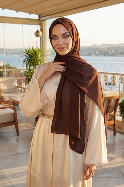 Aisha's Design Tesettür Boneli Pratik Şifon Şal,Kahverengi,PS-46