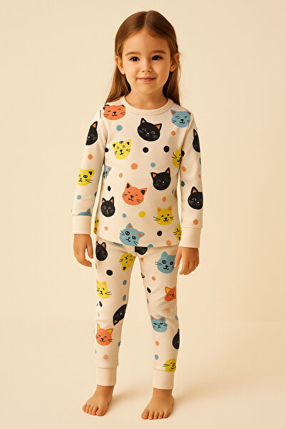 Katia&Bony Пижамен комплект с котешки мотиви за момиче, светло розов