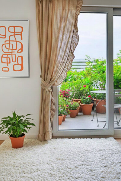 MZN Home 2 Kenar Fırfırlı Sütlü Kahve Şeritli Bohem Keten Perde – Korniş/Halk...