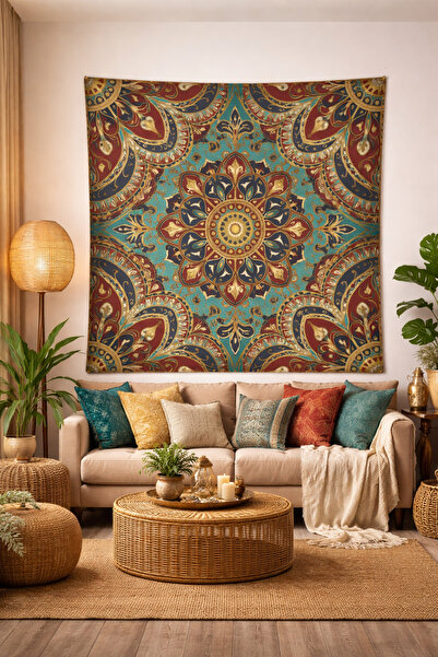 ALAMODECOR Mandala Desen Duvar Örtüsü (100X100, 140X140) / Duvar Halısı