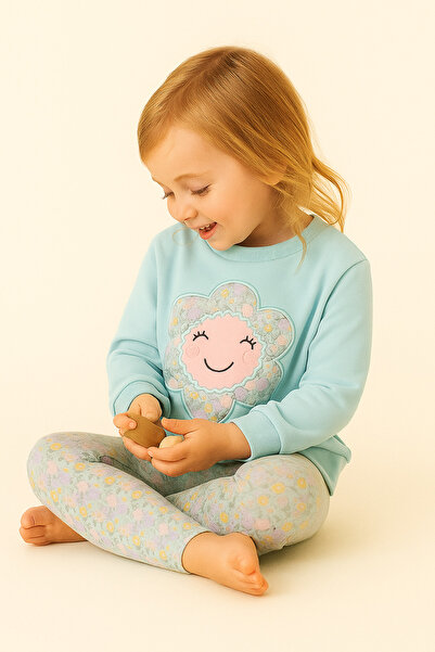 Katia&Bony Set pijamale pentru fete cu imprimeu margarete turcoaz