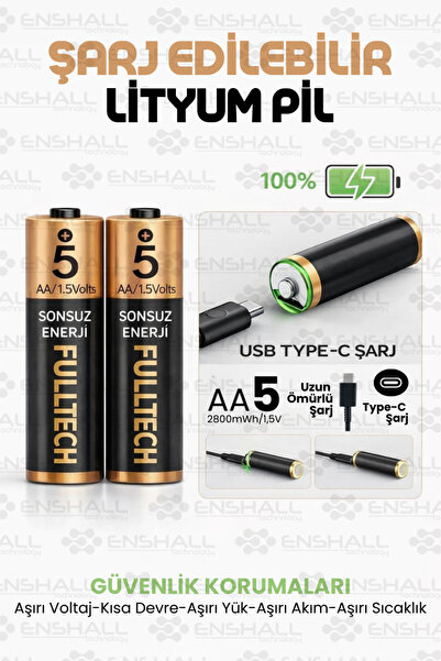 Enshall AA Type-c Şarj Edilebilir Kalem Pil 1.5V Fulltech 2800mWh Kapasiteli ...