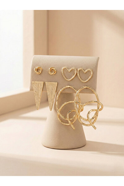 Candy Halka, Kalp, Üçgen, Yuvarlak Sarmal Şeklinde Altın Kaplamalı 4 Çift Küpe