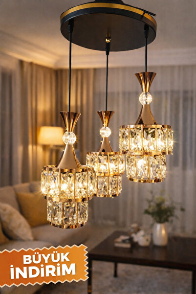 MİRSA ELEKTRİK mirsa çizgili miraç kristal avize 3 lü gold