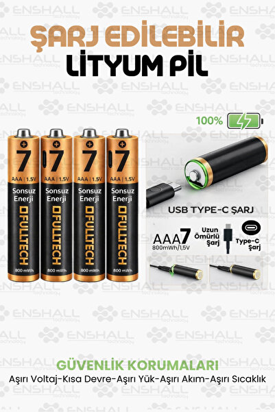 Enshall 4X ADET AAA 7 Şarj Edilebilir İnce Kalem Pil 1.5V Fulltech 800mWh Kap...