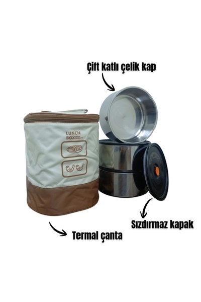 tajmodi Isı Korumalı Çantalı 3 Katlı Çelik Yemek Kabı Seti – Sızdırmaz, Hijyenik, Gün Boyu Sıcak