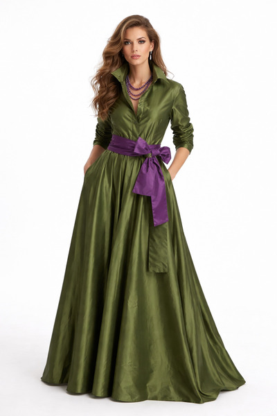 UNTIMELY Yağ Yeşili & Mor Kuşaklı Uzun Tafta Gömlek Elbise
