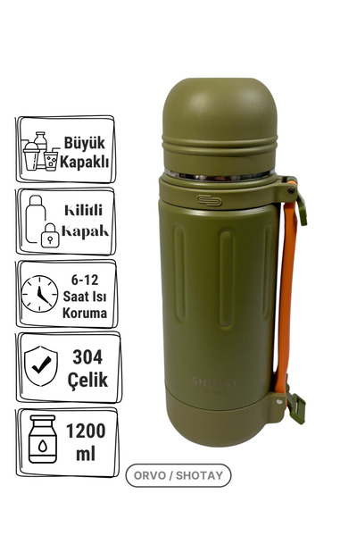 Shotay 1.2L 304 Paslanmaz Çelik Termos – Çift Katman Vakum, 24H Isı Koruma, Omuz Askılı Outdoor