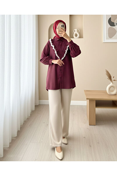 Modamorfo قميص مخطط بأزرار وأربطة من الأمام ومكشكش - عنابي