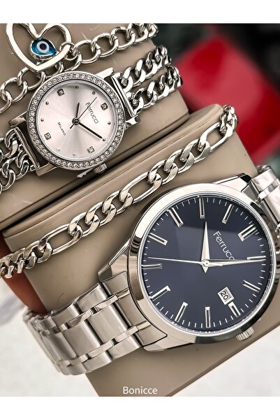 Ferrucci Marka Gümüş Renk Çelik Kordon Sevgili , Çift Kol Saatleri Tesbih Bileklik Hediyeli