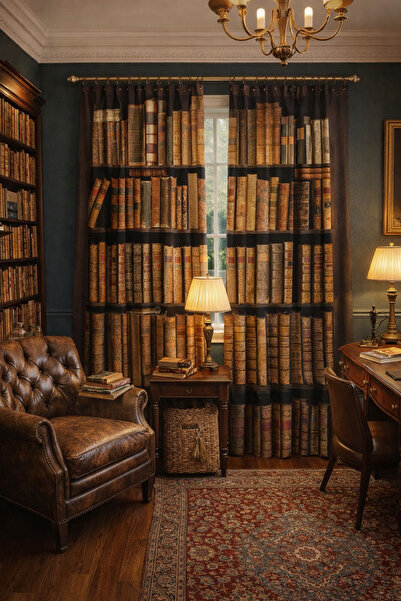 ALAMODECOR Kitaplık Görünümlü Tek Kanat Fon Perde