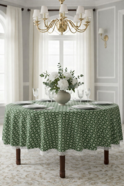Rona Home Green Round Tablecloth with Lace Trim Model – Stylish Dining Table Cover