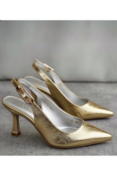 İZCE MODA Women's High-Heeled Pointed Ankle Strap Gold Color Matte