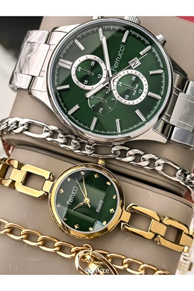 Ferrucci Marka Gümüş/Yeşil Renk Çelik Kordon Sevgili , Çift Kol Saatleri Tesbih Bileklik Hediyeli