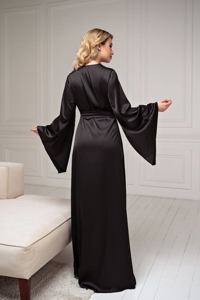 maramm Black Long Satin Sleeves Flared Dressing Gown, Bridal Dressing Gown, Kimono