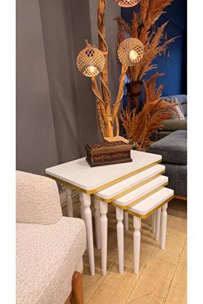 hgalpdesing 4'lü Lüx Mdf Ahşap Zigon Sehpa Beyaz Gold