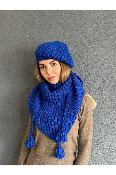 Gönülden Tasarım Set de șal pentru femei, tricotat manual, cu guler pentru gât