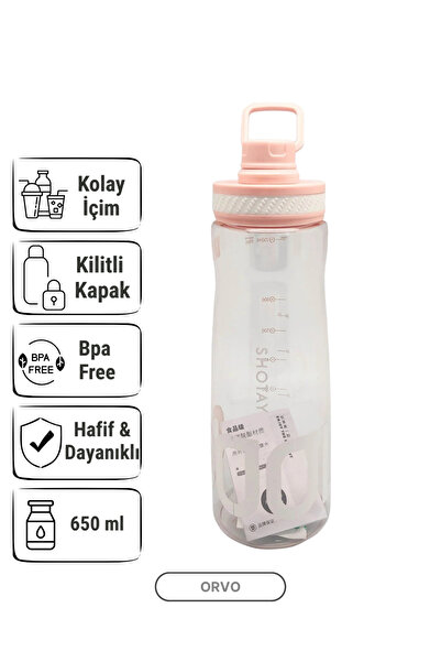 650 ML Spor Matara – Kilitli Kapaklı, Ağızlıklı, Askılı Su Matarası - Pembe