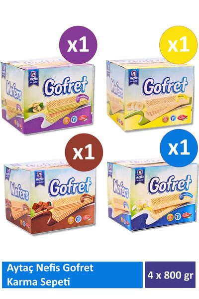 Aytaç Nefis Gofret 800 gr x 4 Adet (Kakao Kremalı, Vanilya, Muzlu, Antep Fıstıklı)