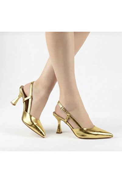 İZCE MODA Women's High Heels with Pointed Toe and Gold Color Ankle Strap