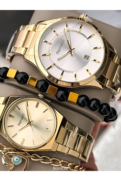 Ferrucci Marka Sarı Renk Çelik Kordon Sevgili Çift Kol Saatleri Bileklik