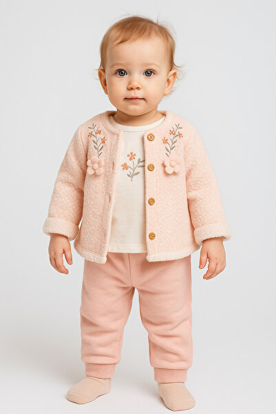 Danino Kız Bebek çiçek nakışlı welsoft ceketli 3lü takım