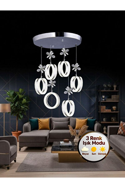 Litra Lighting Aurea Model 6'lı Kristal Taşlı Gümüş 3 Renk Modu Ledli Salon Mutfak Oturma Odası Sarkıt Led Avize