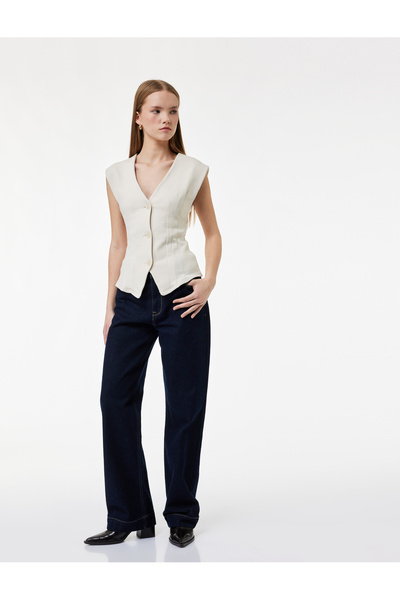 Koton Slim Fit Button Stitching Detail Sleeveless V-Neck Vest