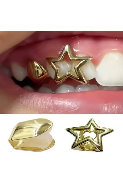 Zümrüt OyuncakStore Y2k Hip Hop Gümüş Rengi Yıldızlı İkili Gems Tooth Grillz Diş Taşı Aksesuar
